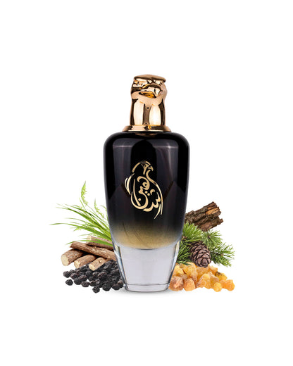 shaheen black edp by maison asrar black colour perfume bottle surrounded with its ingredients like black papper and incense with many more showing from behind the bottle against white background