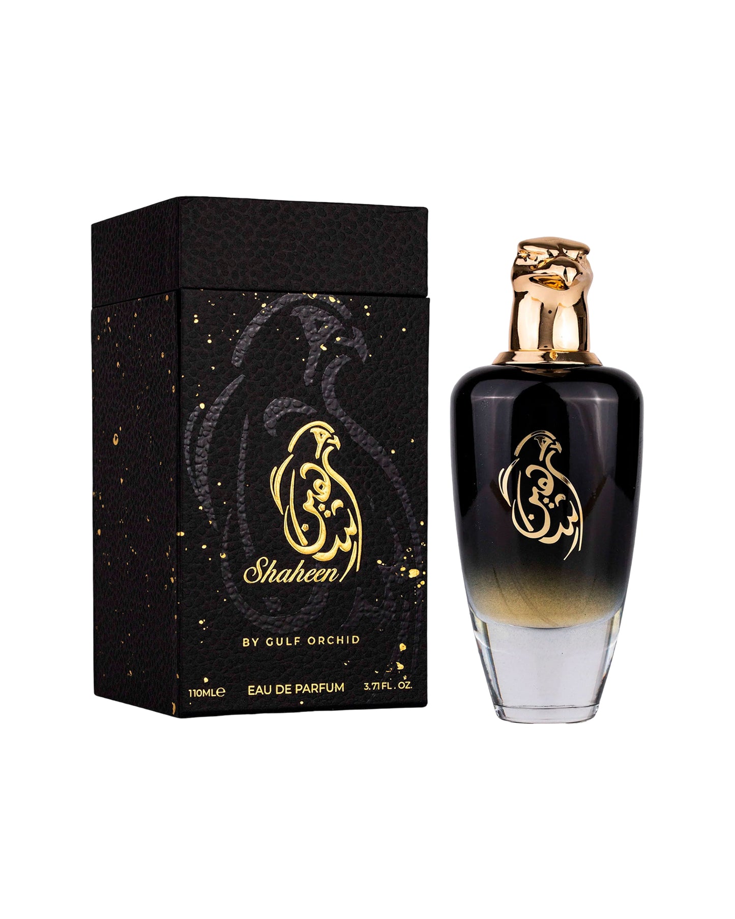 shaheen black edp by maison asrar black colour perfume bottle beside with its box shows against white background