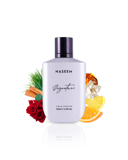 signature silver aqua parfum by naseem perfume bottle surrounded with its ingredients like rose and orange with many more shows from behind the bottle against white background