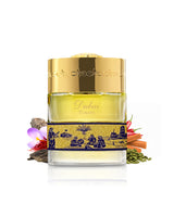 spirit of dubai turath perfume bottle surrounded by fragrance notes like oud and spices shows against white background