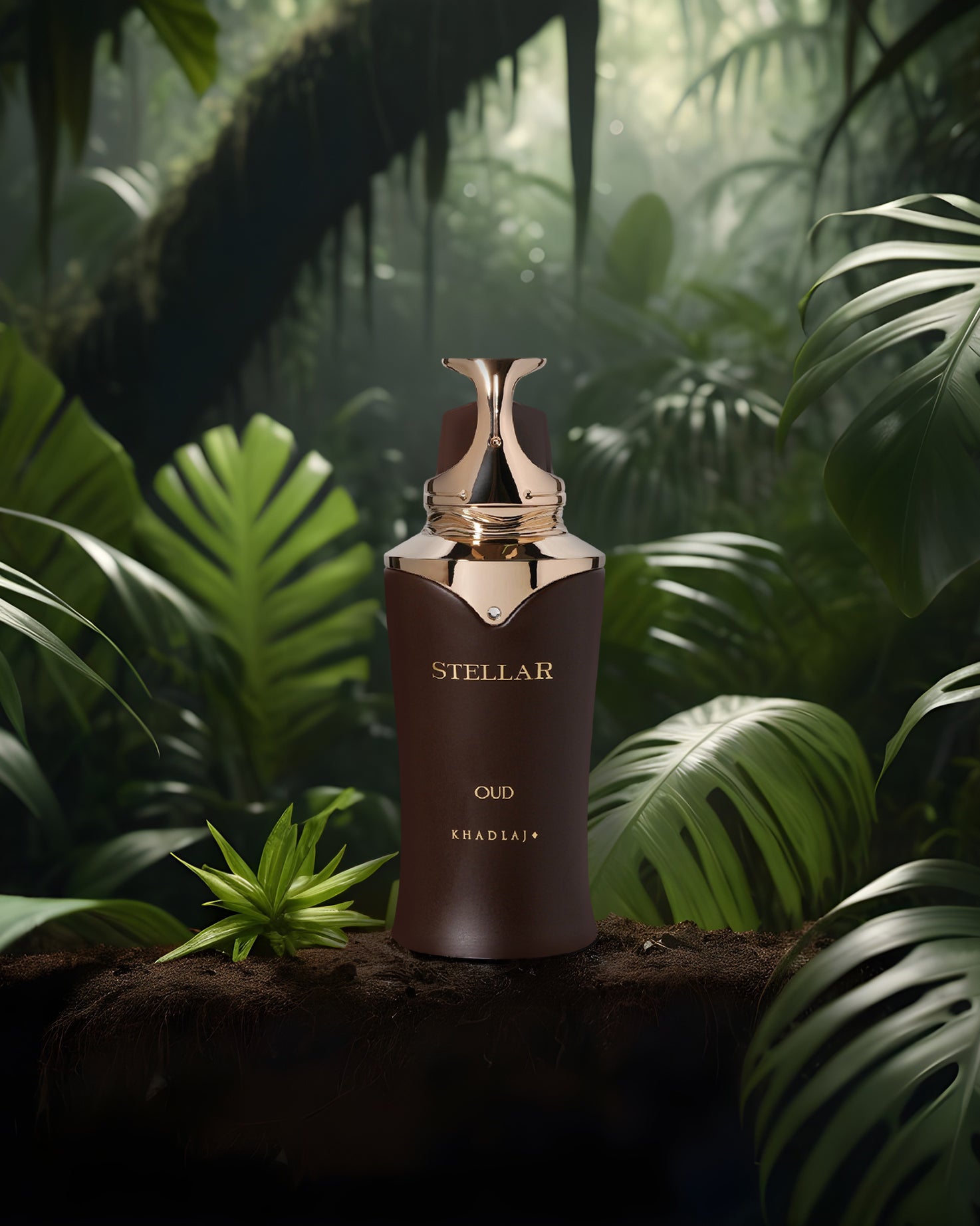 Stellar oud Edp perfume bottle photograph inside green jungle