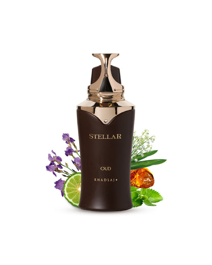 Stellar oud Edp perfume bottle surrounded by amber iris against white background