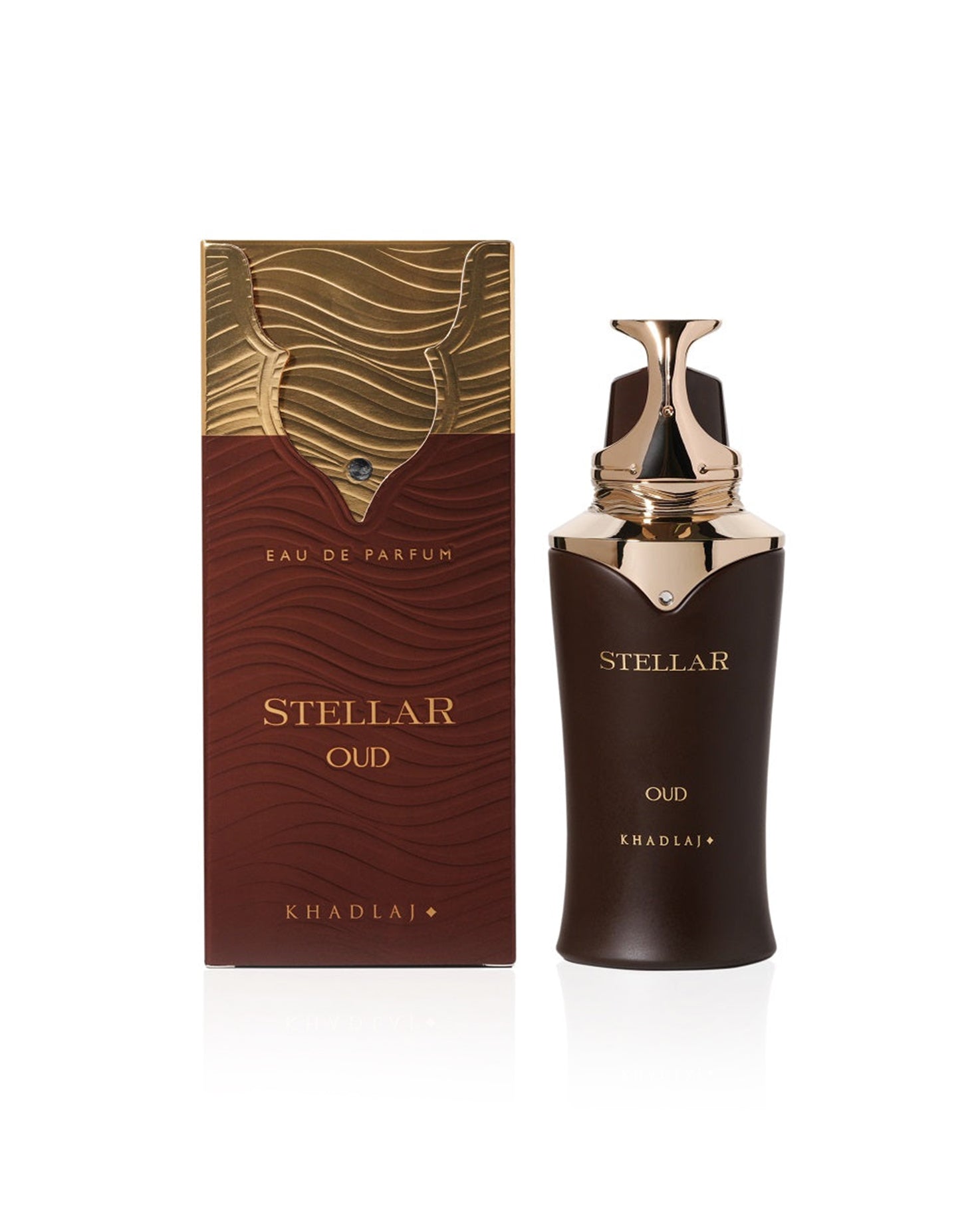 Stellar oud Edp perfume bottle with box against white background