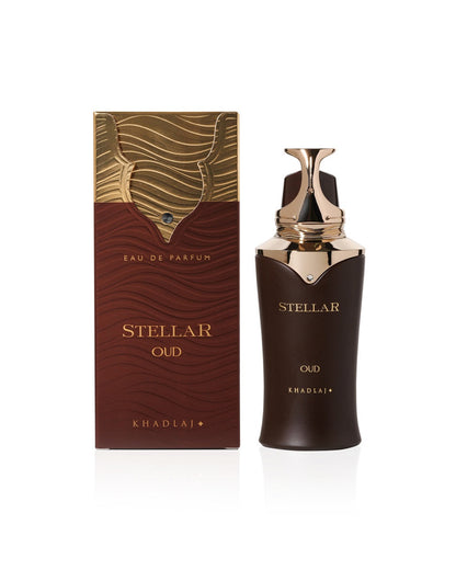 Stellar oud Edp perfume bottle with box against white background