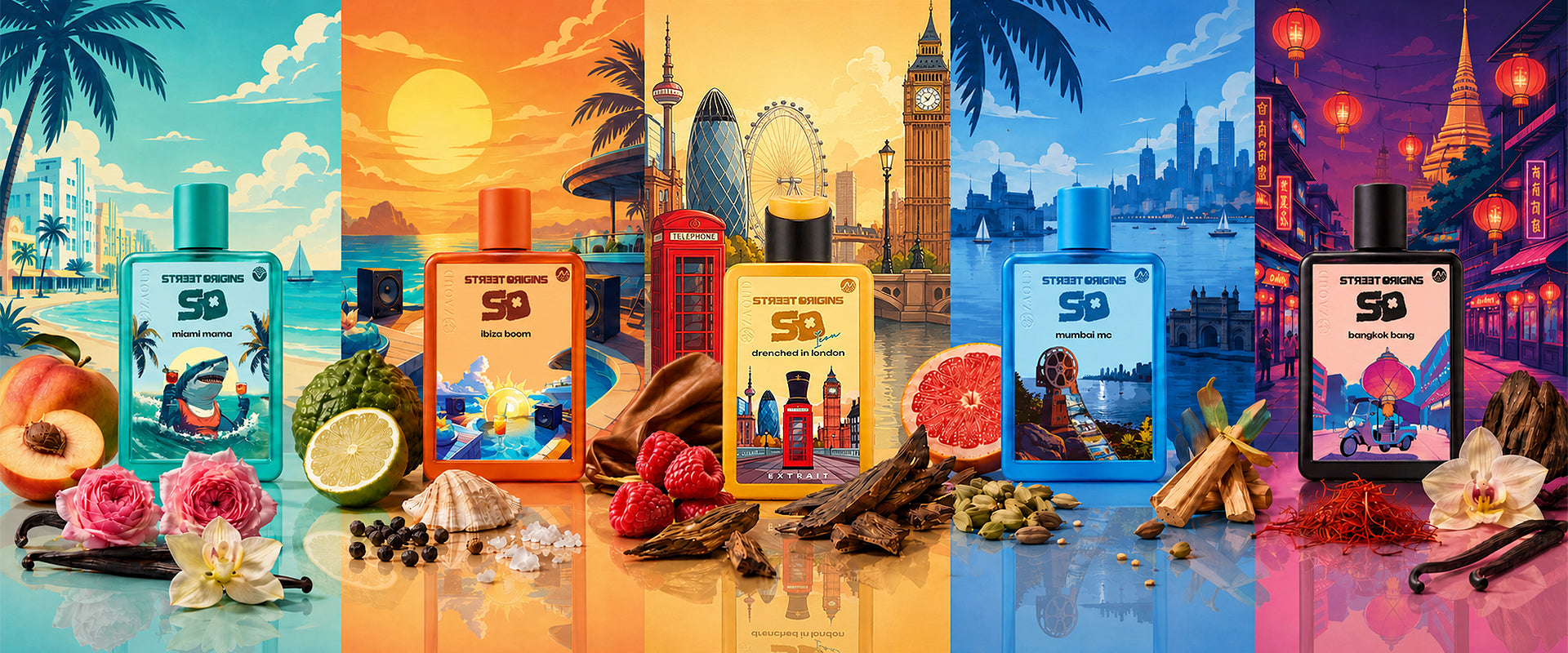 STREET origins perfumes collections banner with drenched in london perfume bottle