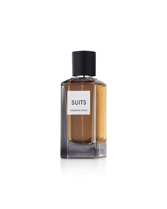 FRAGRANCE WORLD SUITS Perfume bottle labeled 'Suits' on a white background