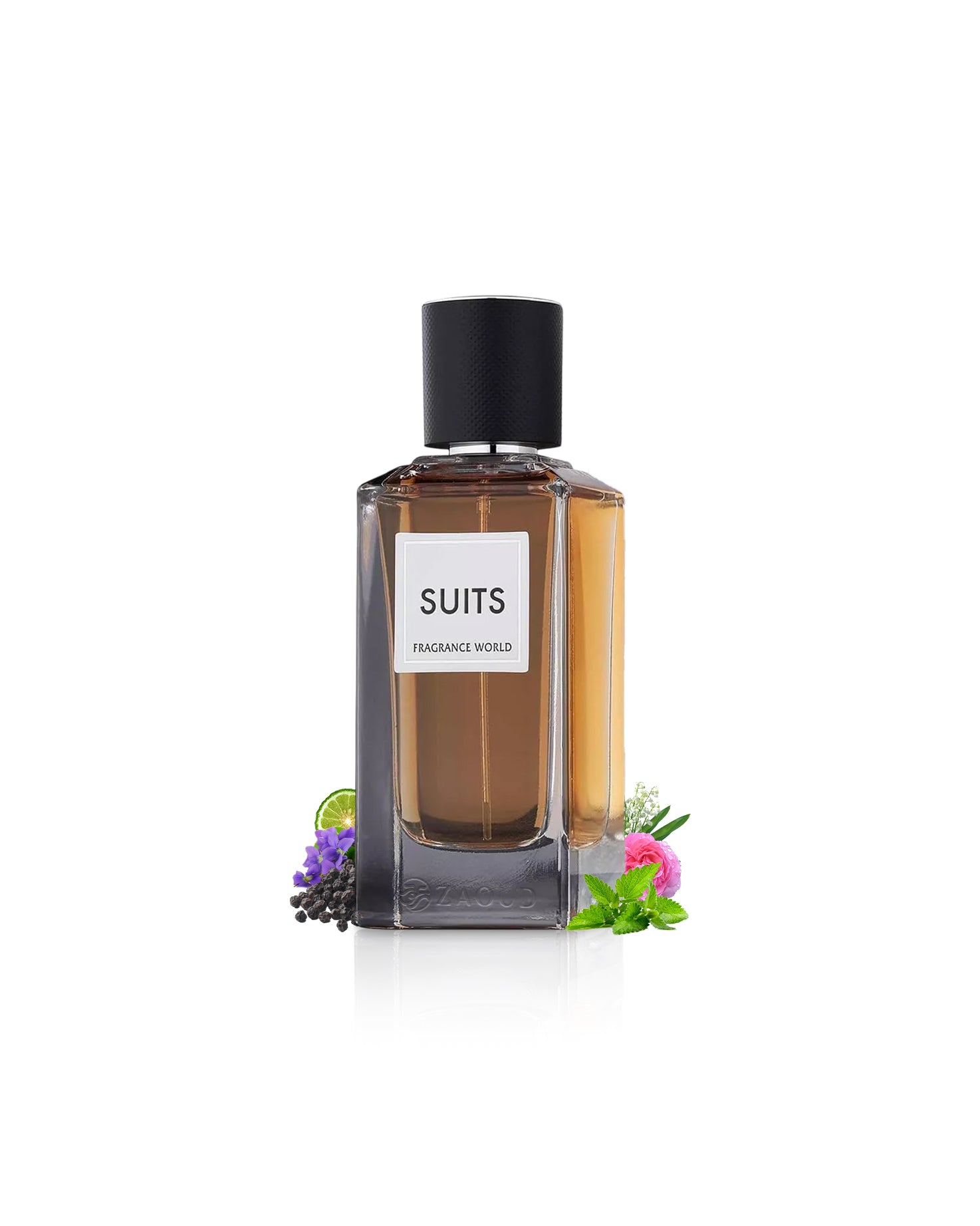 fragrance world suits perfume bottle surrounded with fragrance notes like patchouli and peppers shows against white background