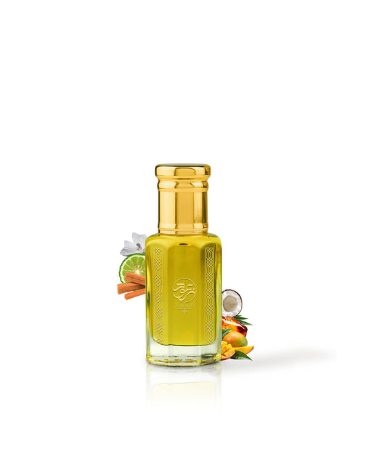 summer hammer lorenzo pazzaglia mjolnir perfume oil Yellow glass bottle with decorative elements like mango and coconut on a white background