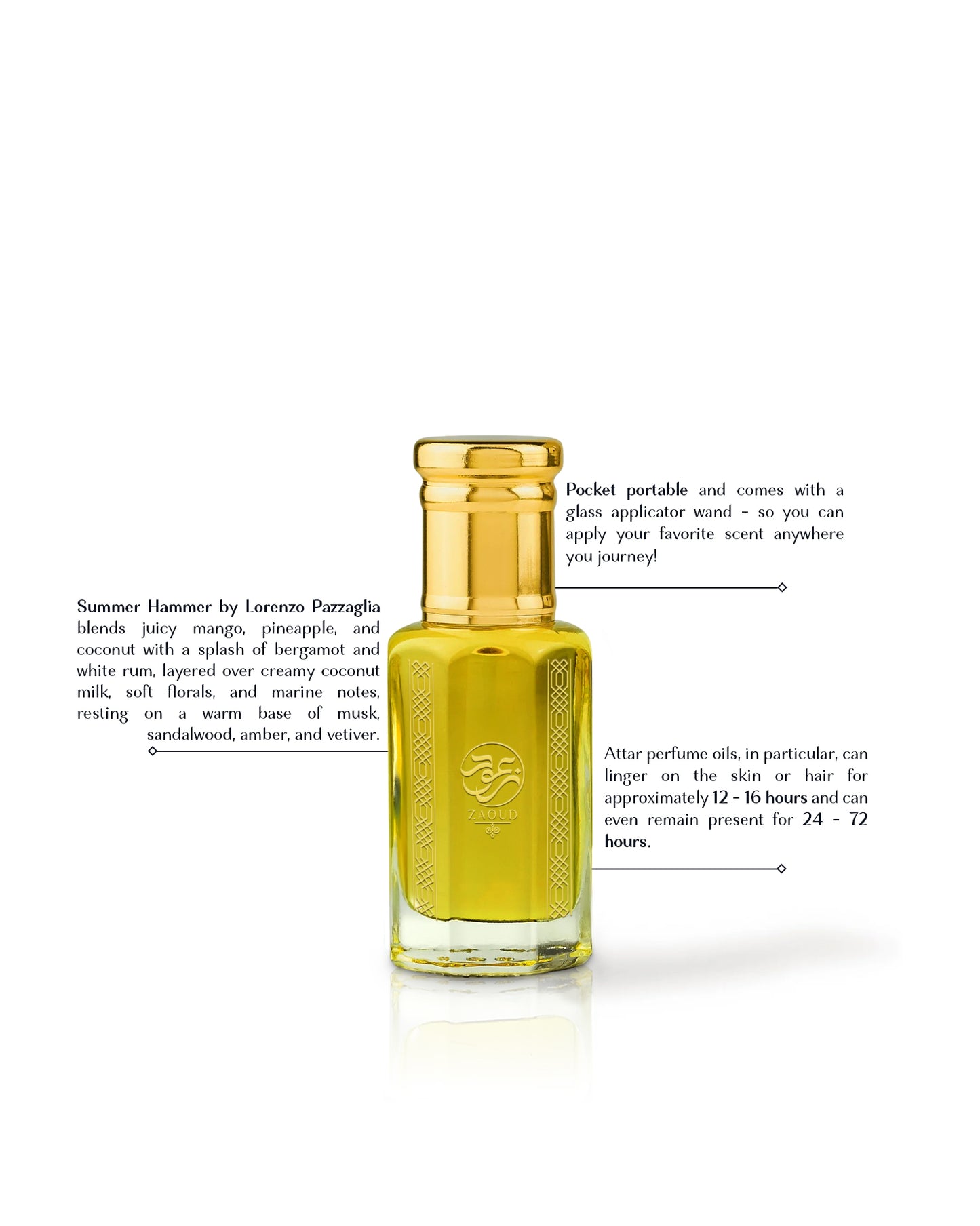 summer hammer lorenzo pazzaglia mjolnir perfume oil bottle with gold cap and yellow liquid on a white background