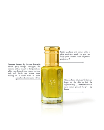 summer hammer lorenzo pazzaglia mjolnir perfume oil bottle with gold cap and yellow liquid on a white background