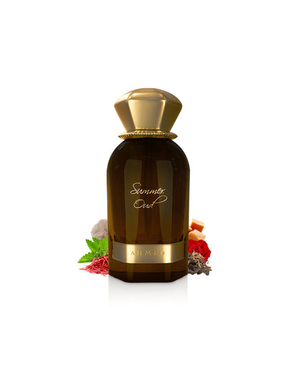 ahmed al maghribi summer oud perfume bottle surrounded with fragrance notes like rose and saffron shows against white background