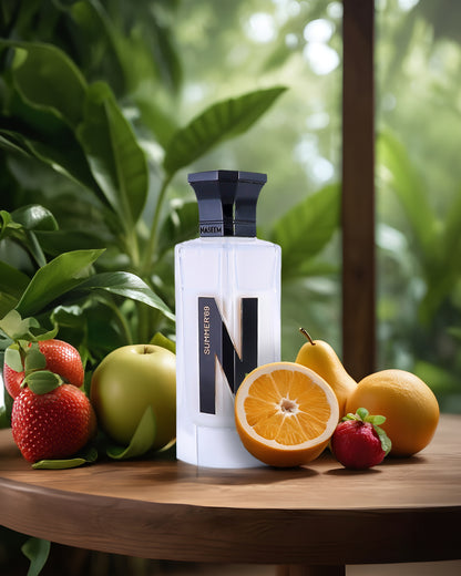 Summer69 aqua parfum bottle besides grapefruits apple strawberry with green leafs in background