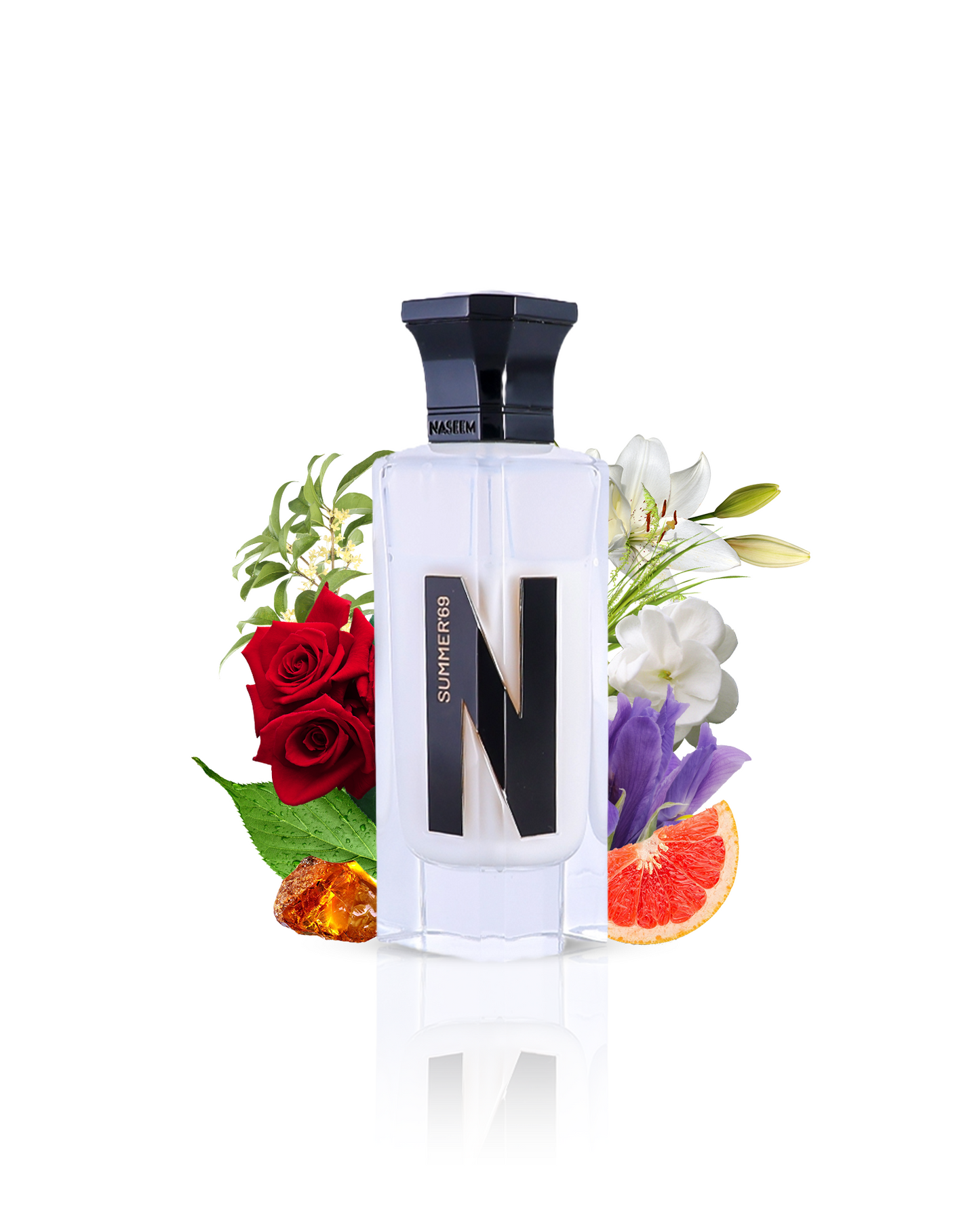 Summer69 aqua parfum bottle surrounded by amber rose iris against white background