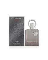 afnan supremacy not only intense perfume bottle shows beside its box  against white background