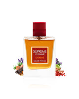 supreme l'homme perfume bottle surrounded with fragrance notes like almond and pine shows against white background