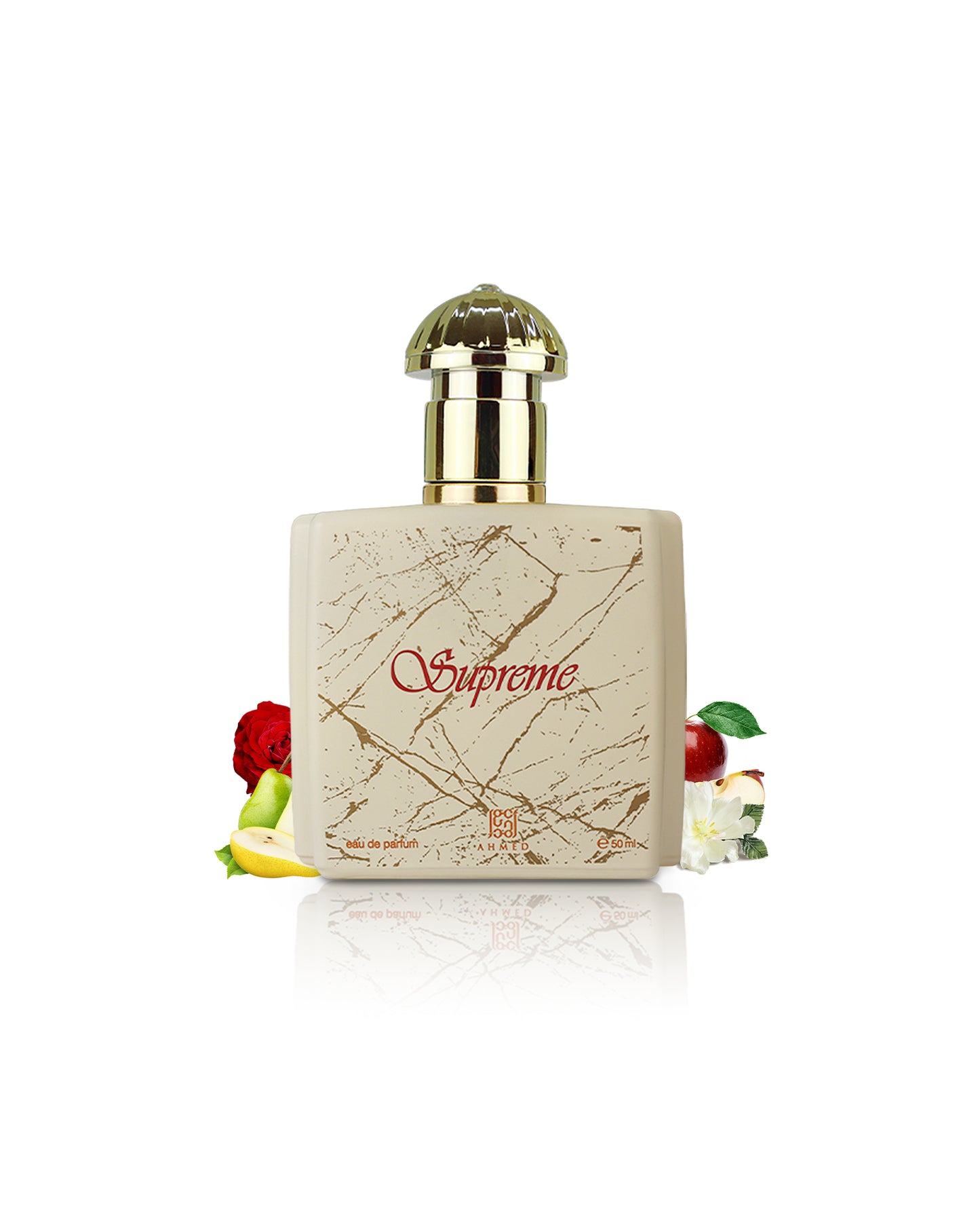 ahmed al maghribi supreme perfume bottle surrounded with fragrance notes like fruits and rose shows from behind the bottle against white background