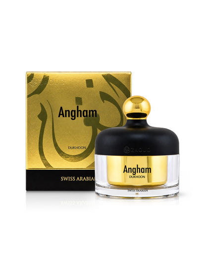 Swiss Arabian Angham Durkoon perfume bottle with a black cap and gold label, shown next to its gold and black packaging box on a white background.