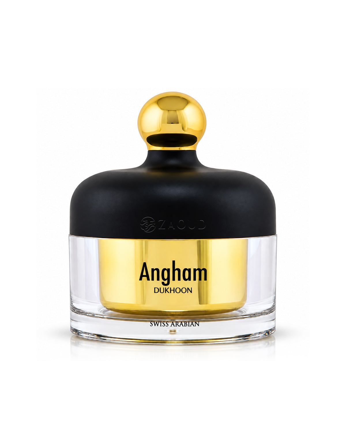 Angham Dukhoon Swiss Arabian perfume bottle with a black cap and a shiny gold center, on a white background.