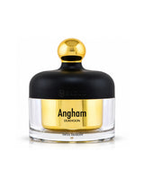 Angham Dukhoon Swiss Arabian perfume bottle with a black cap and a shiny gold center, on a white background.