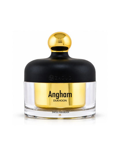 Angham Dukhoon Swiss Arabian perfume bottle with a black cap and a shiny gold center, on a white background.