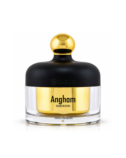 Angham Dukhoon Swiss Arabian perfume bottle with a black cap and a shiny gold center, on a white background.