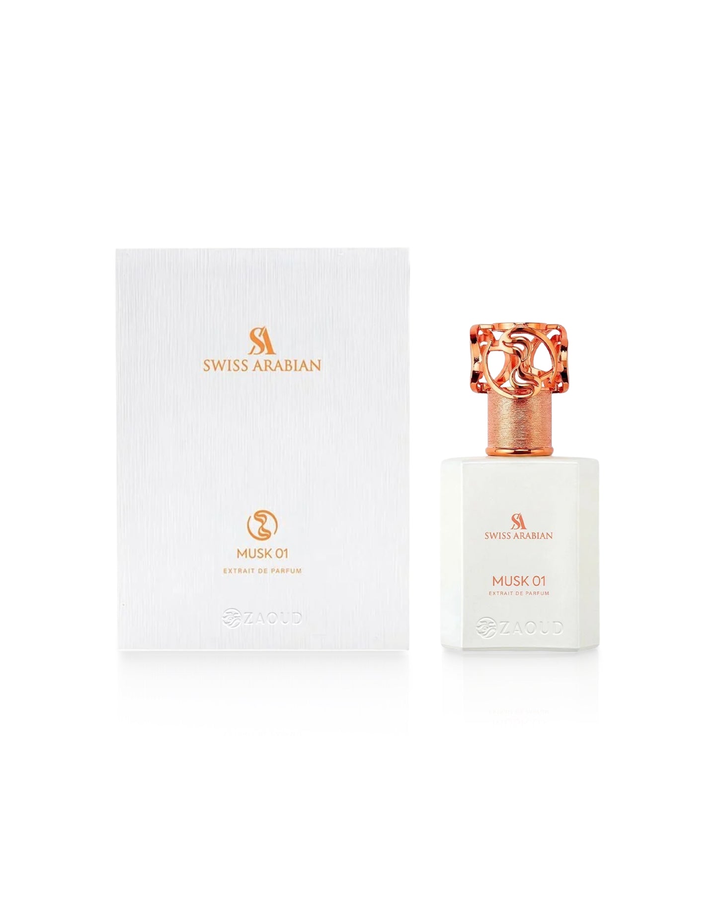 Swiss Arabian Musk 01 perfume bottle with a white rectangular body and a rose gold cap, shown next to its white packaging box on a white background.