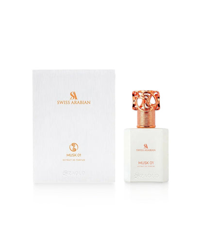 Swiss Arabian Musk 01 perfume bottle with a white rectangular body and a rose gold cap, shown next to its white packaging box on a white background.