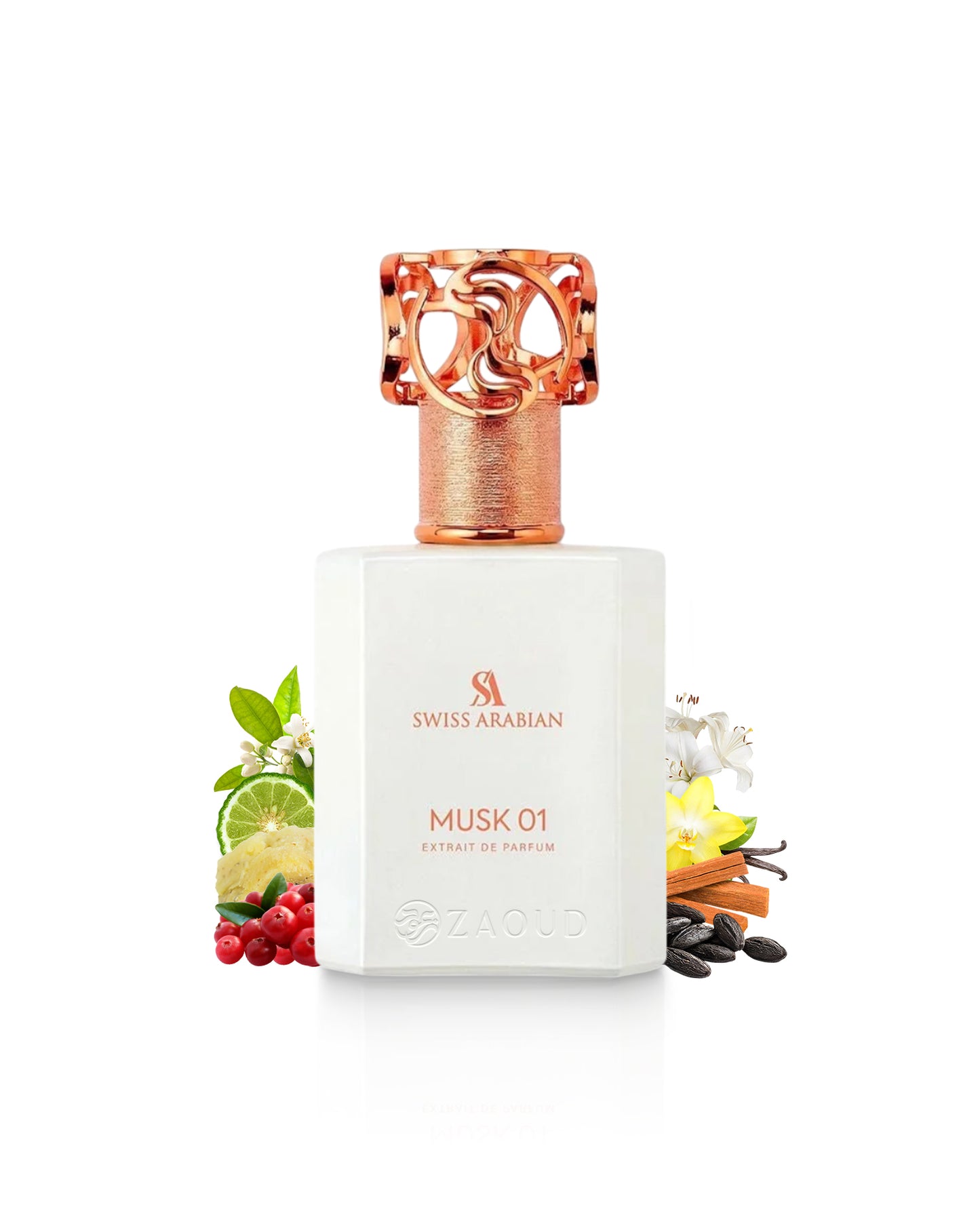 swiss aabian musk 01 perfume bottle surrounded by fragrance notes like spices and flowers shows against white background