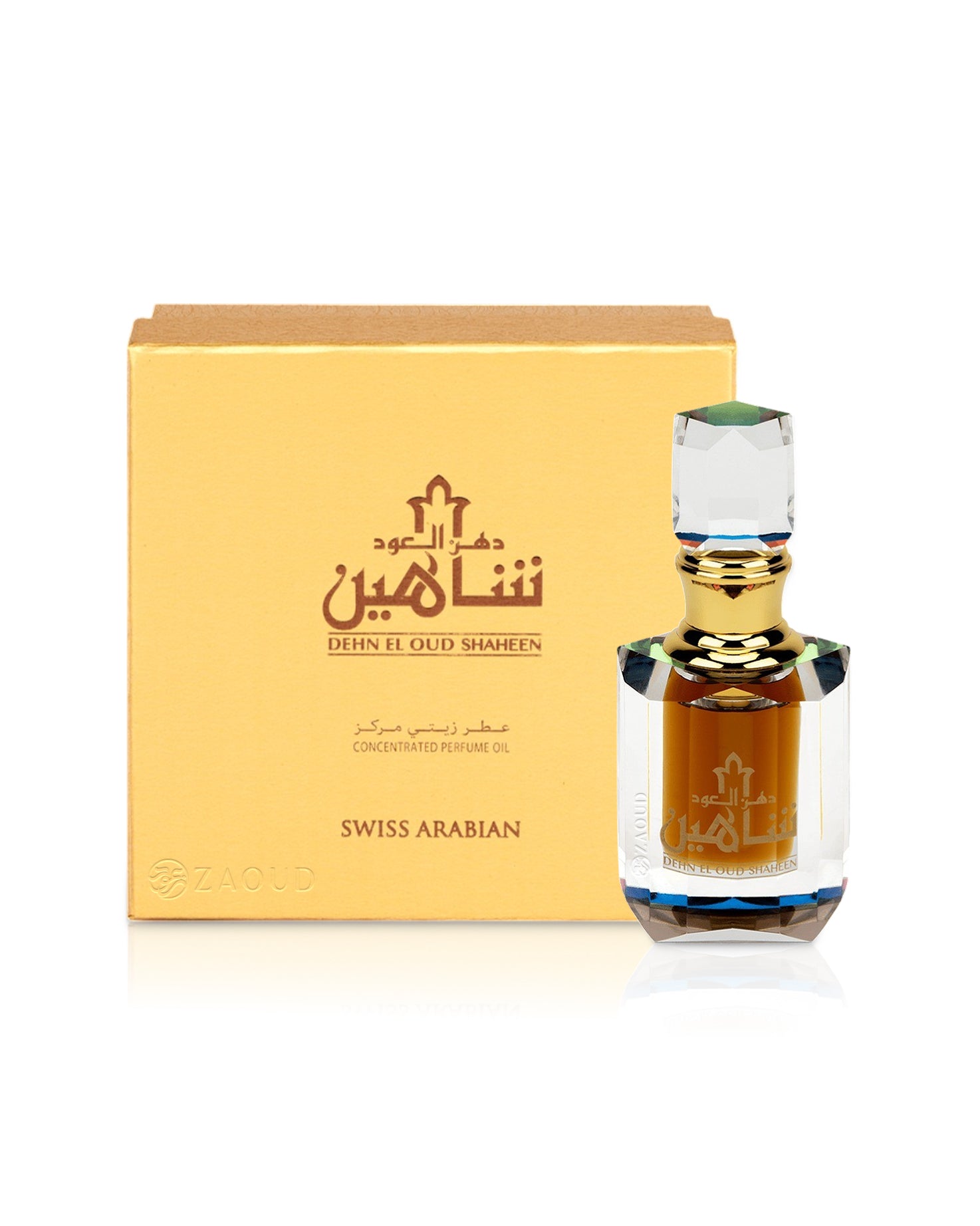 Swiss Arabian Dehn el oud shaheen perfume oil bottle with gold box on a white background