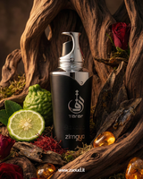 TARAF-BLACK-EDP with silver cap on a woody background with natural elements