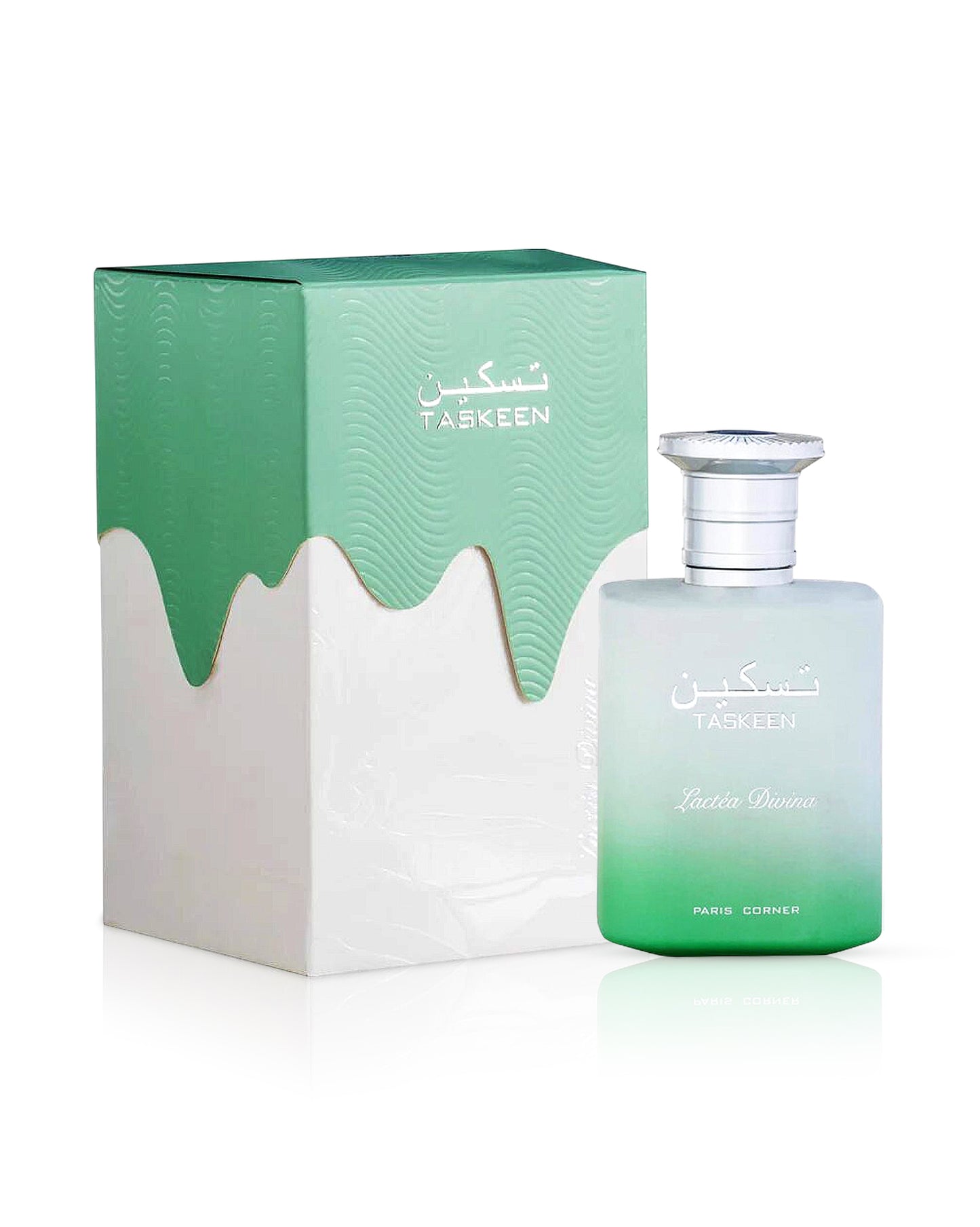 taskeen lactea divina perfume bottle shows beside its box against white background