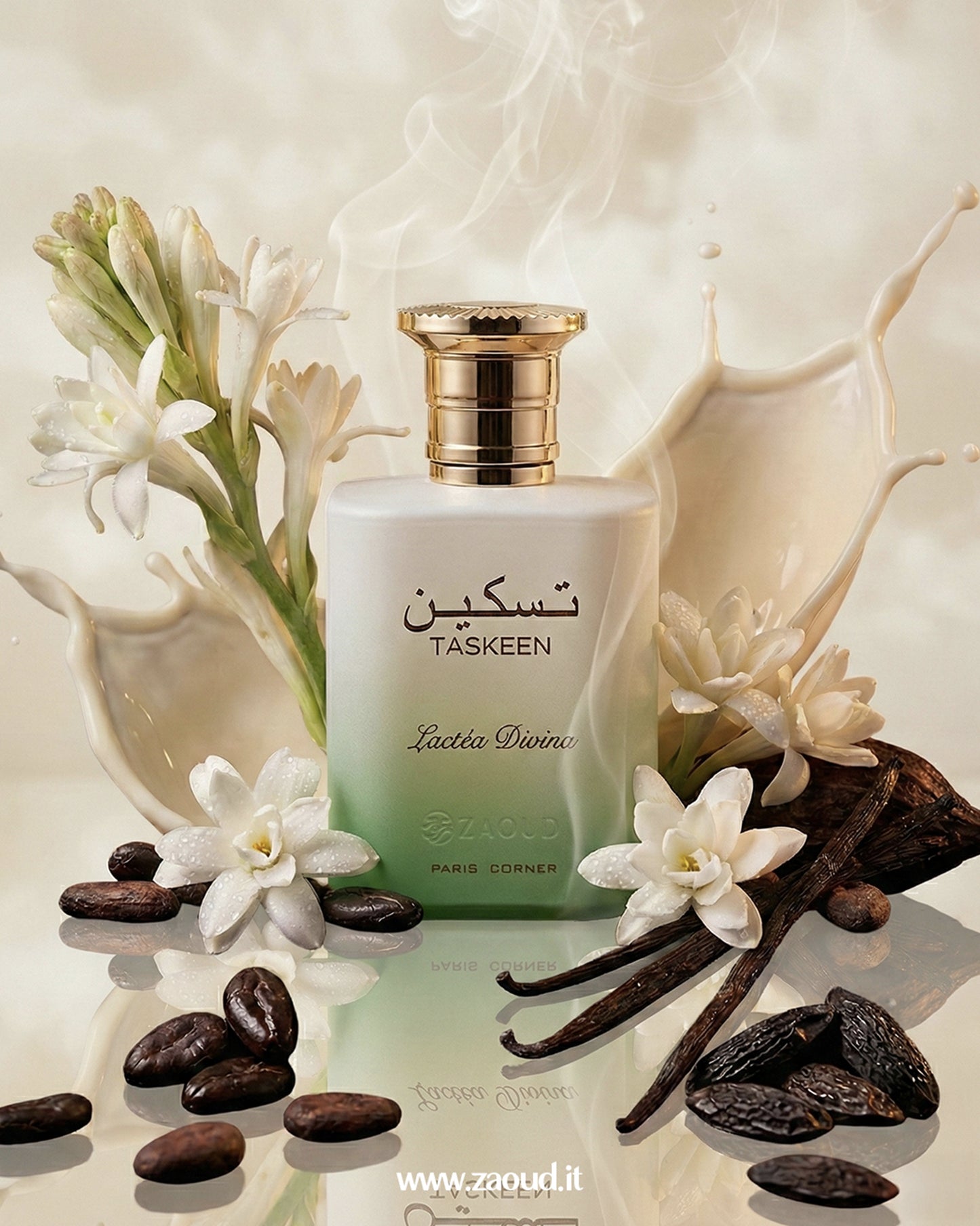 Taskeen perfume bottle with flowers and vanilla beans on a light background
