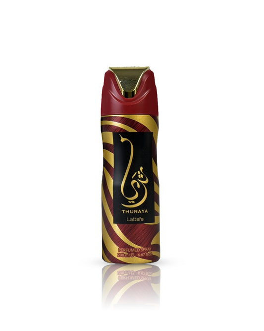 Lattafa thuraya Deodorant spray bottle with red and gold design on a white background