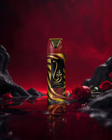 Lattafa thuraya Deodorant spray bottle with gold and black design on a red background with roses