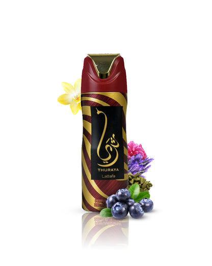 Lattafa thuraya Deodorant spray bottle with decorative elements on a white background