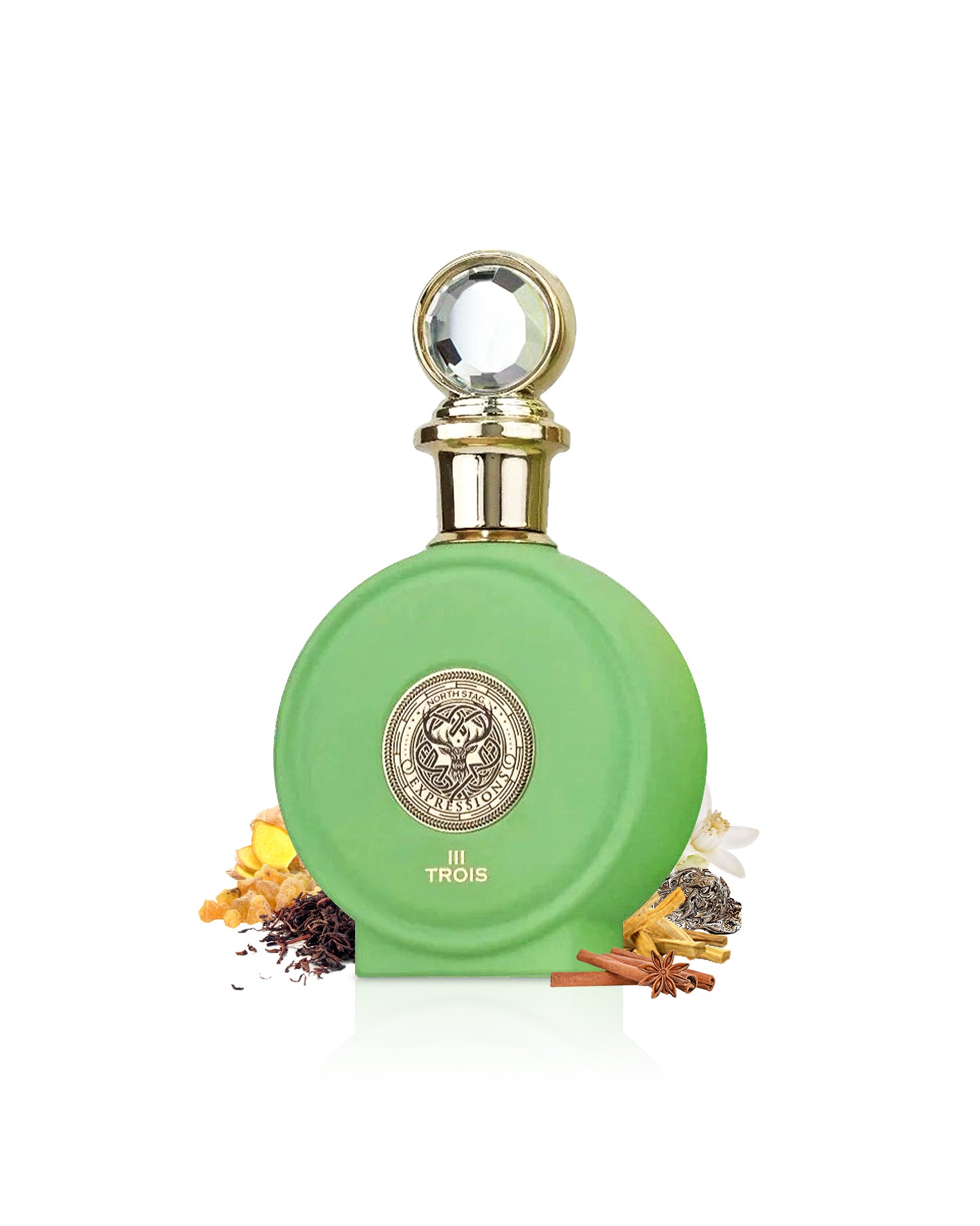 paris corner trios III EXPRESSIONS perfume bottle surrounded with fragrance notes like ginger and spices shows from behind the bottle against white background