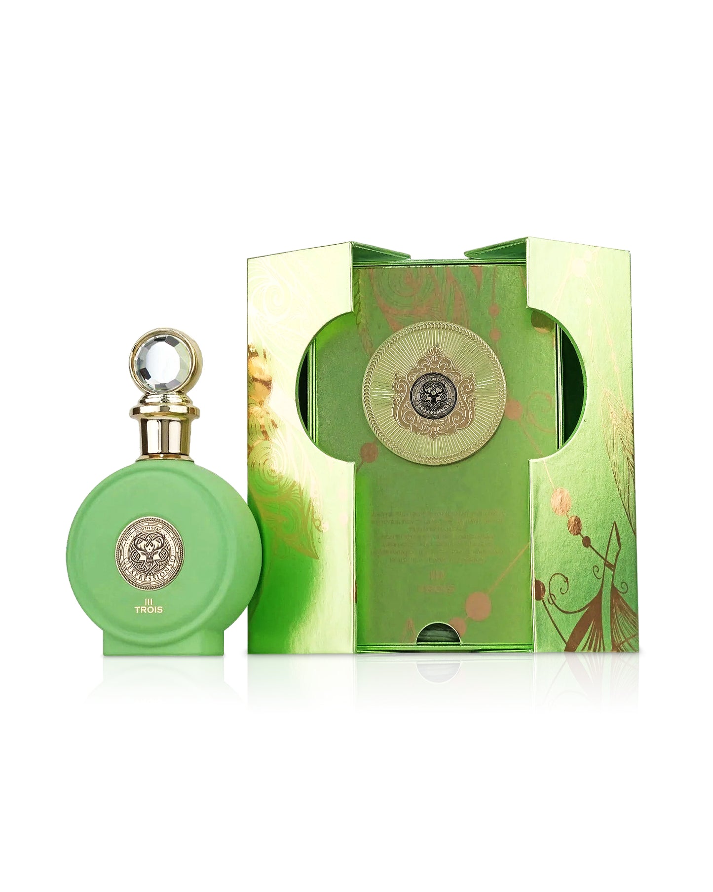 paris corner trios III EXPRESSIONS perfume bottle shows beside its box against white background