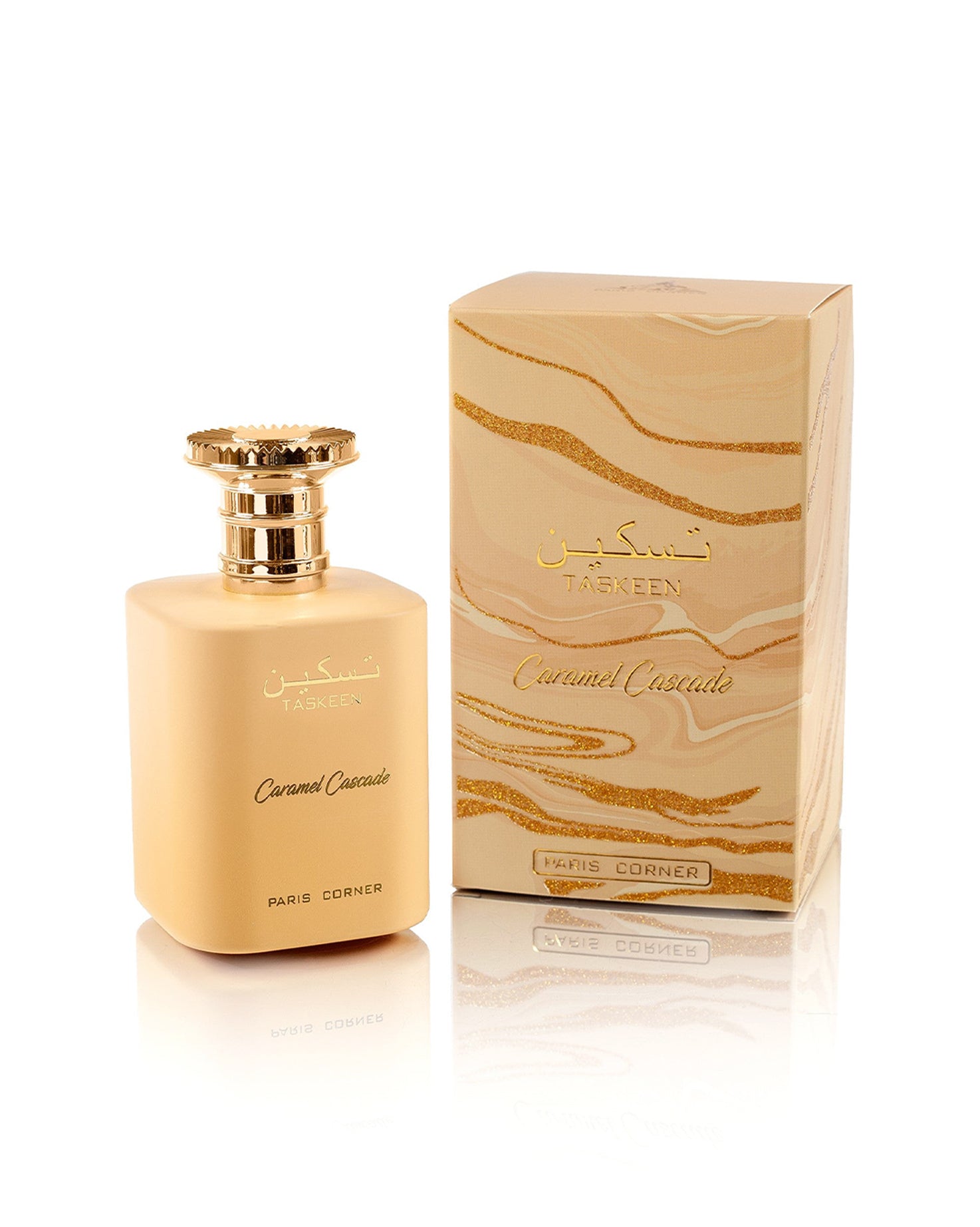 paris corner taskeen caramel cascade perfume bottle shows beside its box against white background