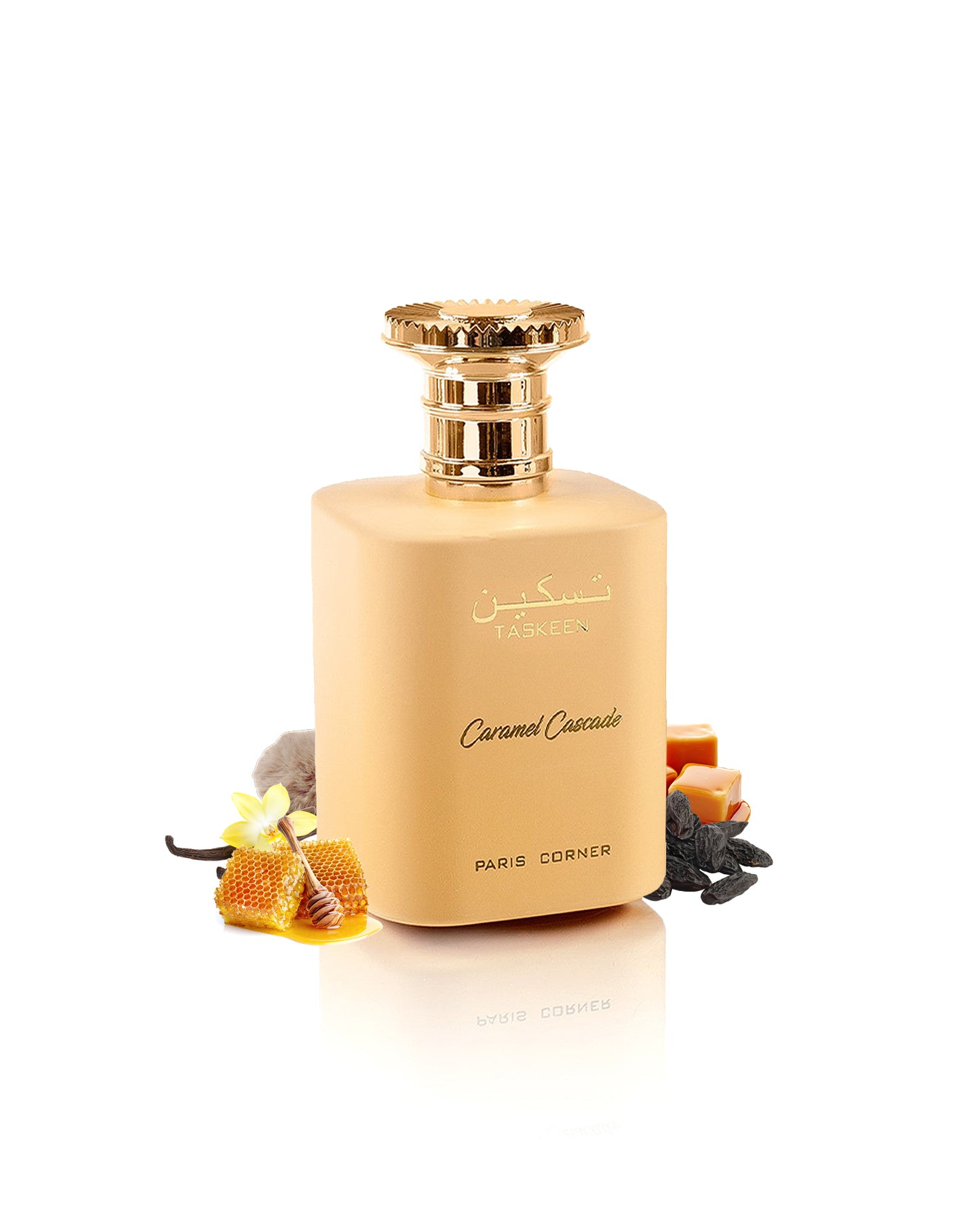 paris corner taskeen caramel cascade perfume bottle surrounded with fragrance notes like honey and caramel shows from behind the bottle against white background