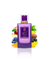 tasneem aqua parfum by naseem perfume bottle surrounded with ingredients like orange and patchouli with many more shows from behind the bottle against white background