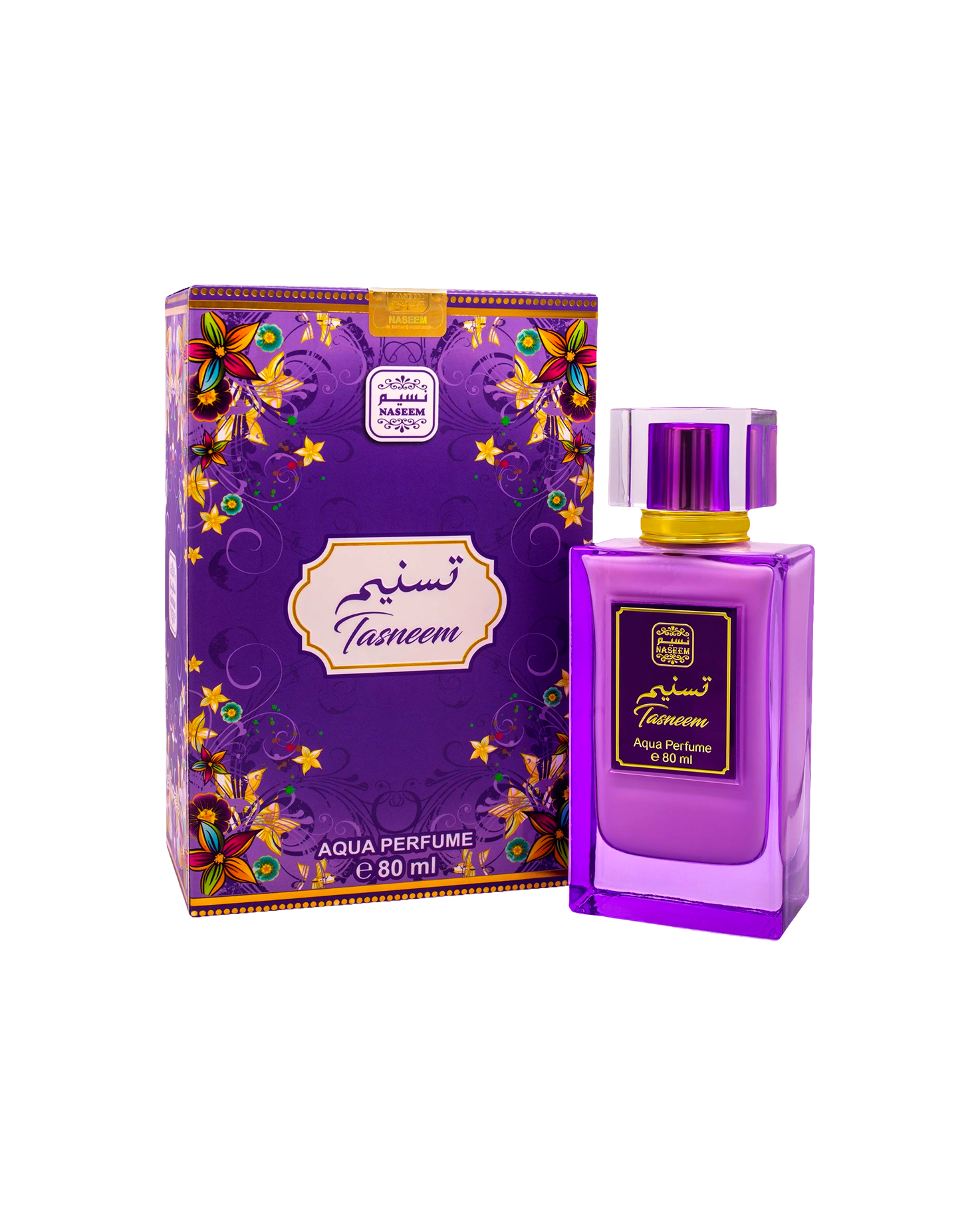 tasneem aqua parfum by naseem perfume bottle beside its box shows against white background