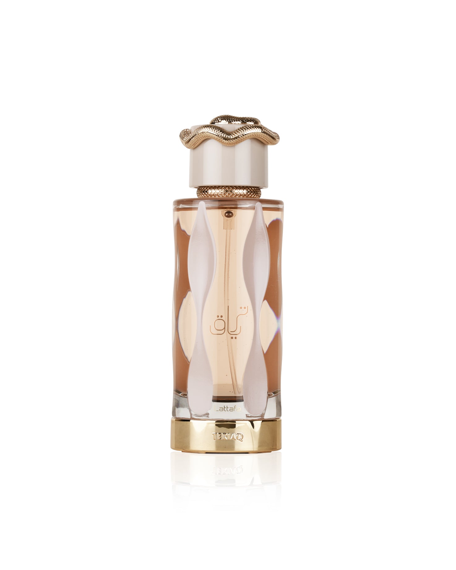 Lattafa teriaq Perfume bottle with gold cap and decorative design on a white background