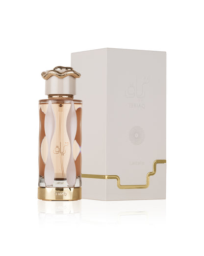Lattafa teriaq Perfume bottle with gold accents and matching box on a white background