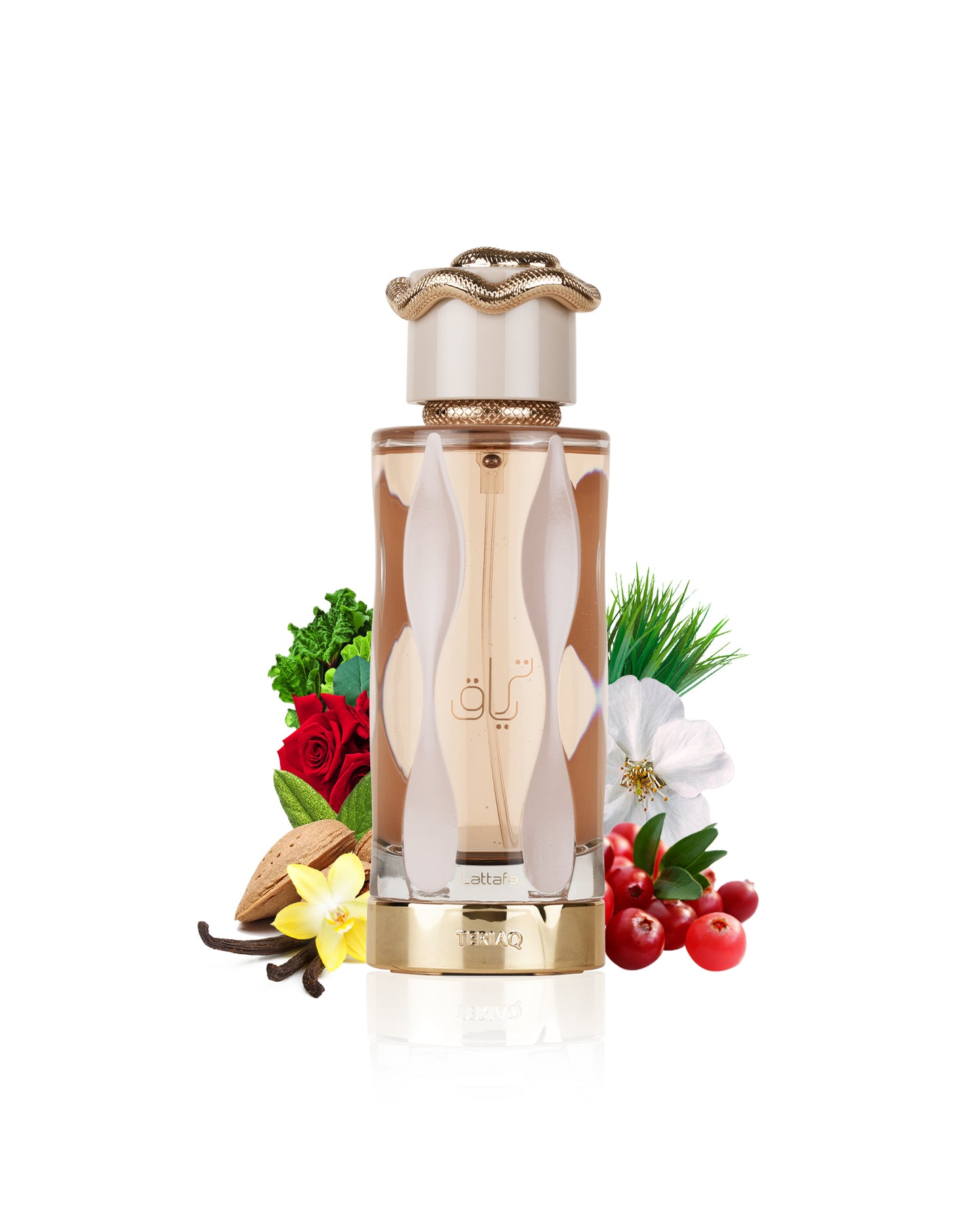 Lattafa teriaq Perfume bottle with floral and fruit elements on a white background
