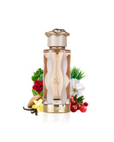 Lattafa teriaq Perfume bottle with floral and fruit elements on a white background