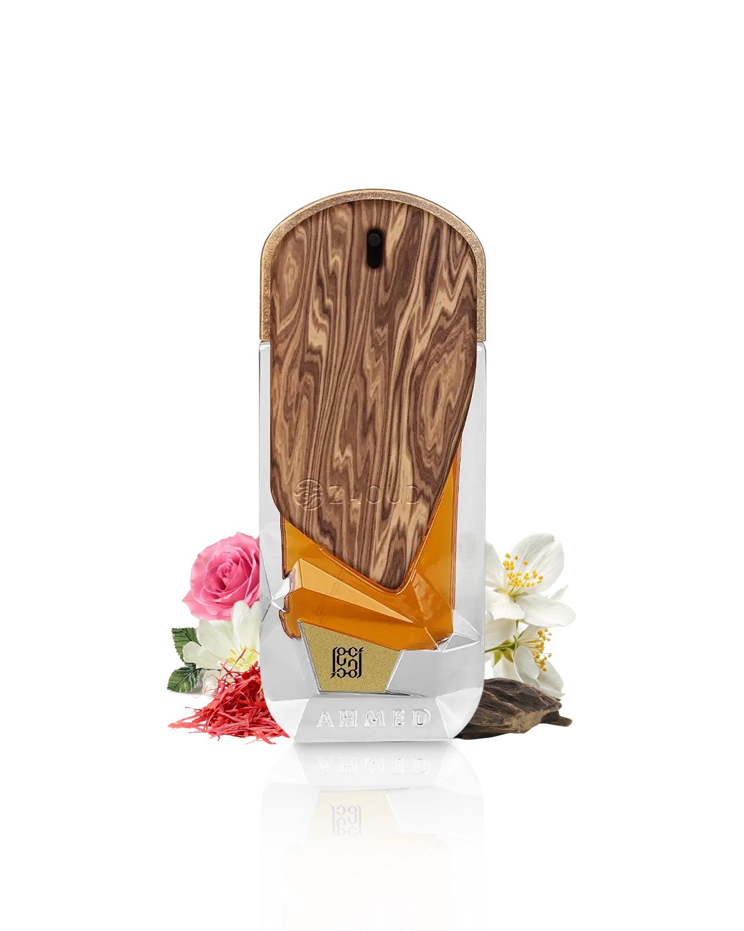 the roots 2000 perfume bottle surrounded by fragrance notes like saffron and oud shows against white background