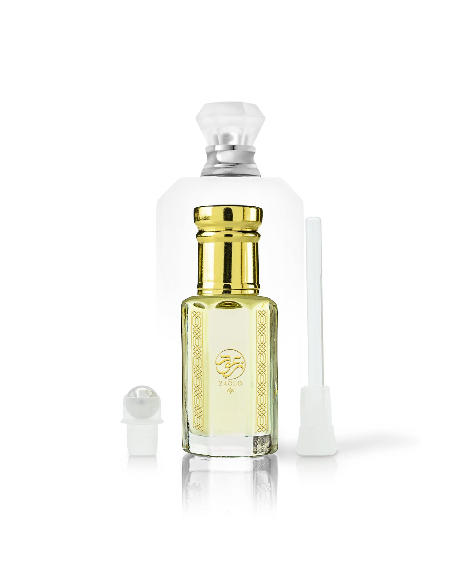 the wedding silk santal perfume bottle with asphodel perfume oil bottle shows in front beside roller and stick against white background