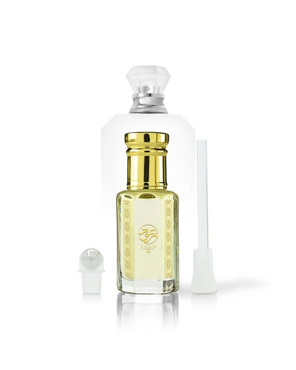the wedding silk santal perfume bottle with asphodel perfume oil bottle shows in front beside roller and stick against white background