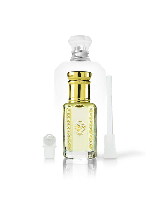 the wedding silk santal perfume bottle with asphodel perfume oil bottle shows in front beside roller and stick against white background