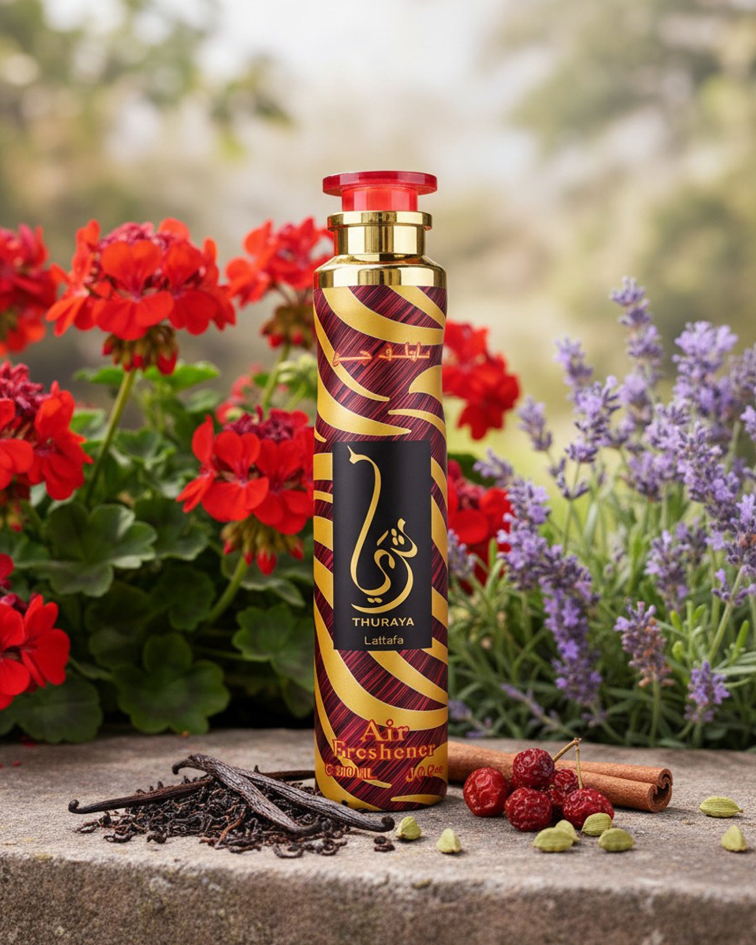 Lattafa thuraya air freshener bottle photograph over rock beside vanilla pods